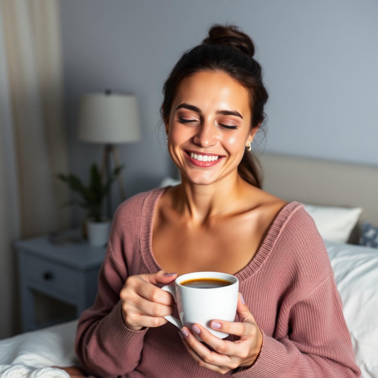 Madre descansada y feliz con una taza por la mañana